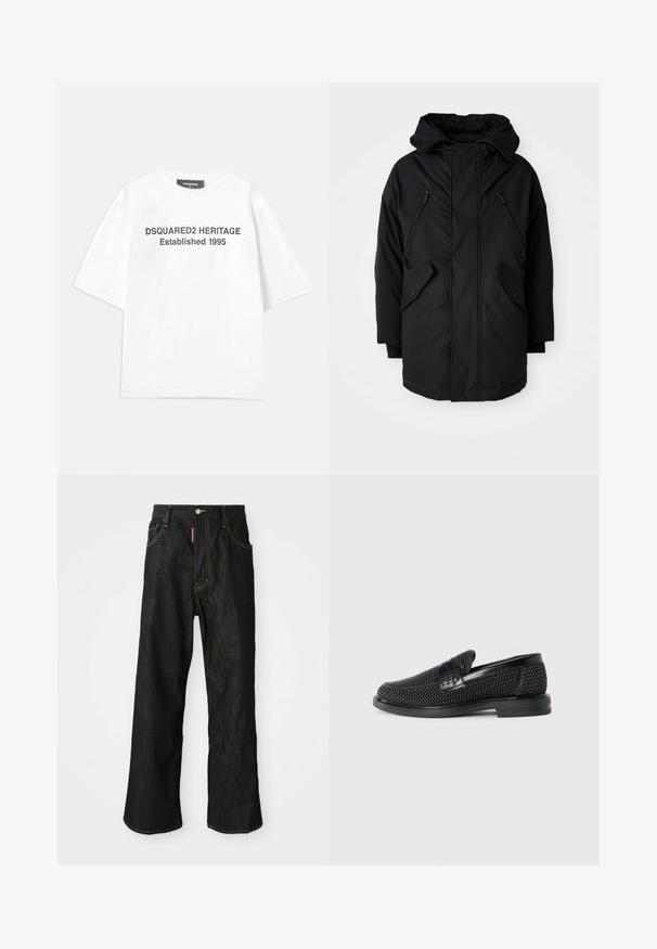 Čierna parka s kapucňou, so ženou dvomi zipsovými náprsními vreckami, dvomi bočnými vreckami s chlopňou a uvoľneným strihom. Mäkko tkanina s hladkou textúrou.; Dsquared2 Tričko s potlačou - white; Čierne rovné džínsy so žltým prešívaním, s piatimi vreckami, so zapínaním na gombík a malou červenou nášivkou na prednom pravom vrecku.; Čierne tkané slip-on topánky s hladkým koženým akcentom na vrchnej časti, s okrúlym dizajnom špičky a nízkoprofilovou gumovou podrážkou.