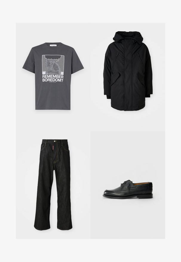 Juodas parkas su kapišonu, turintis dvi užtrauktukais uždaromas krūtines kišenes, dvi kišenes su apykakle ir laisvą siluetą. Minkšta medžiaga su glotnia tekstūra.; Pilkas medvilninis marškinėliai su grafikiniu printu, vaizduojančiu mąstytoją su mąstymo burbulu. Tekstas skaito "PRISIMENI NUOBODULĮ?" baltos spalvos. Klasikinis kirpimas ir trumpomis rankovėmis.; Juodos tiesios kojos džinsai su geltonu siūleliu, penkių kišenių dizainas, mygtuko užsegimas ir mažas raudonas ženkliukas priekinėje dešinėje kišenėje.; Juoda odinė batai su tekstūruota paviršiumi, apvaliu priekiu ir dviem akių raištelių užsegimu. Turi plokščią užkulnį ir minimalistinę ženklinimą šone.