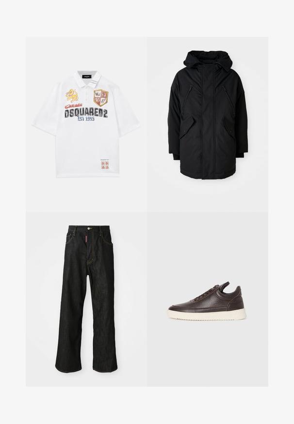 Čierna parka s kapucňou, so ženou dvomi zipsovými náprsními vreckami, dvomi bočnými vreckami s chlopňou a uvoľneným strihom. Mäkko tkanina s hladkou textúrou.; Biele polokošeľa so vyšitými grafikami, vrátane dizajnov leva a štítu. Krátke rukávy, zapínanie na gombíky, voľný strih.; Čierne rovné džínsy so žltým prešívaním, s piatimi vreckami, so zapínaním na gombík a malou červenou nášivkou na prednom pravom vrecku.; Tmavohnedá textúrovaná kožená teniska s šnurovaním a bielou zvrškovou gumovou podrážkou na jednoduchom svetlom pozadí.