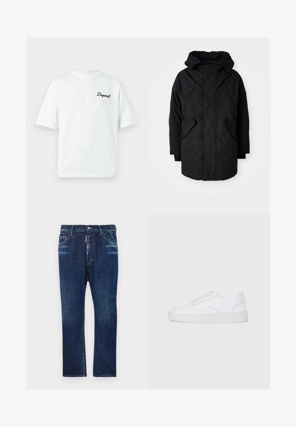 Parka neagră cu glugă, având două buzunare frontale cu fermoar, două buzunare laterale cu clapetă și o croială lejeră. Material moale cu o textură fină.; Tricou alb cu mâneci scurte, guler rotund și un mic logo brodat în verde închis pe partea stângă a pieptului. Material din bumbac.; Jeanși din denim de culoare albastru închis, cu un croi drept, care prezintă decolorare ușoară, cusături galbene, buzunare frontale și închidere cu buton.; Sneaker alb cu vârf jos, cu șireturi în față, cu o parte superioară netedă și talpă din cauciuc pe un fundal simplu, deschis la culoare.