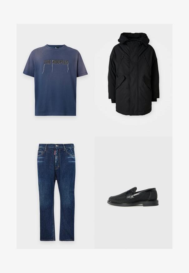 Black parka with a hood, featuring two zippered chest pockets, two flap side pockets, and a relaxed fit. Soft fabric with a smooth texture.; Navy blue cotton t-shirt with short sleeves, featuring embroidered text "THE KOOPLES" in contrasting thread on the front. Simple design, relaxed fit.; Dark blue denim jeans with a straight-leg fit, featuring light fading, yellow stitching, front pockets, and a button closure.; Black woven slip-on shoe with a smooth leather accent on the upper, a round toe design, and a low-profile rubber sole.
