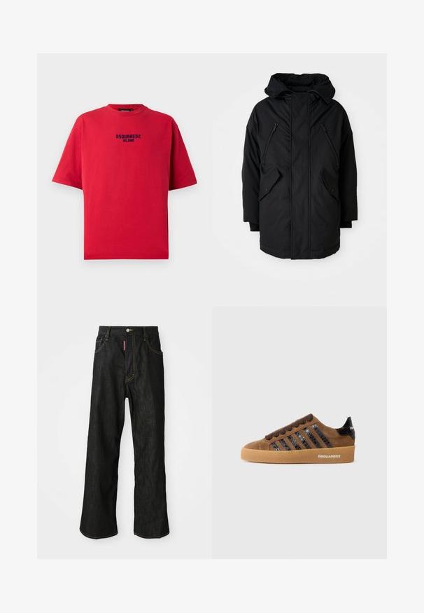 Črna parka s kapuco, ki ima dve žepni zadrži na prsih, dva stranska žepa z poklopcem in sproščen kroj. Mehka tkanina z gladko teksturo.; Rdeča bombažna majica s kratkimi rokavi in okroglo ovratnikom, s črnim tiskanim logotipom "DSQUARED2 MILANO" spredaj.; Črne ravne hlače z rumenim šivom, pet žepov, gumbno zapiranje in majhna rdeča oznaka na sprednjem desnem žepu.; Rjavi semiš športni copat s črnimi lakastimi usnjenimi črtami, vezanjem spredaj in gumijastim podplatom. Ima označen detajl na zadnjem delu pete.