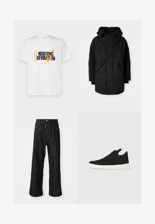 Juodas parkas su kapišonu, turintis dvi užtrauktukais uždaromas krūtines kišenes, dvi kišenes su apykakle ir laisvą siluetą. Minkšta medžiaga su glotnia tekstūra.; Balta medvilnės marškinėliai su drąsiais juodais ir oranžiniais grafikos rašmenimis, užrašytu "NEOLITINĖ REVOLIUCIJA", ir abstrakčiais žmonių siluetais.; Juodos tiesios kojos džinsai su geltonu siūleliu, penkių kišenių dizainas, mygtuko užsegimas ir mažas raudonas ženkliukas priekinėje dešinėje kišenėje.; Juodų suede sportbačių su balta gumine padu, su toniniais siuvinėjimais ir raištelių užsegimu. Sklandus paviršius su šiuolaikine, laiko forma.