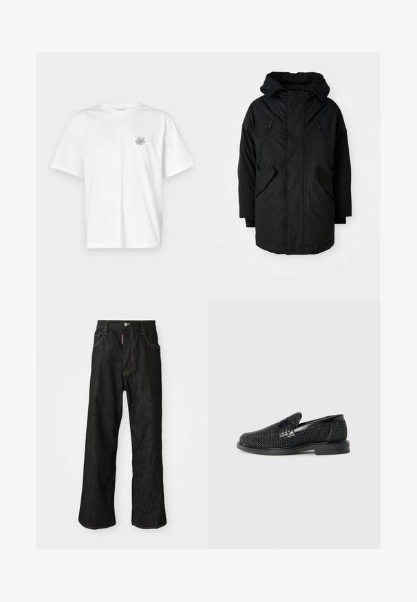 Parka negra con capucha, que cuenta con dos bolsillos en el pecho con cremalleras, dos bolsillos laterales con solapa y un corte relajado. Tejido suave con una textura lisa.; Camiseta blanca de algodón con mangas cortas, cuello redondo y un pequeño logo gris en el lado izquierdo del pecho. Textura suave.; Jeans negros de pierna recta con costuras amarillas, diseño de cinco bolsillos, cierre de botón y una pequeña etiqueta roja en el bolsillo derecho delantero.; Zapato negro de tejido con un acento de cuero suave en la parte superior, diseño de punta redonda y suela de goma de perfil bajo.
