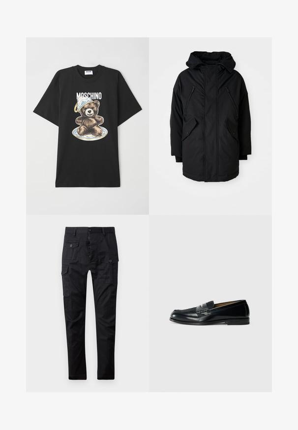 Parka noire avec capuche, équipée de deux poches poitrine zippées, de deux poches latérales à rabat et d'une coupe décontractée. Tissu doux au toucher lisse.; T-shirt en coton noir avec un graphique de ours portant un chapeau bleu et blanc, avec le texte "Moschino" au-dessus du design. Manches courtes, coupe décontractée.; Pantalons cargo noirs en tissu résistant, avec plusieurs poches, une fermeture à bouton et un design à jambes droites. Texture lisse et finition mate.; Mocassin en cuir noir avec un dessus texturé, accent tressé et finition lisse. Talon bas et design minimaliste.