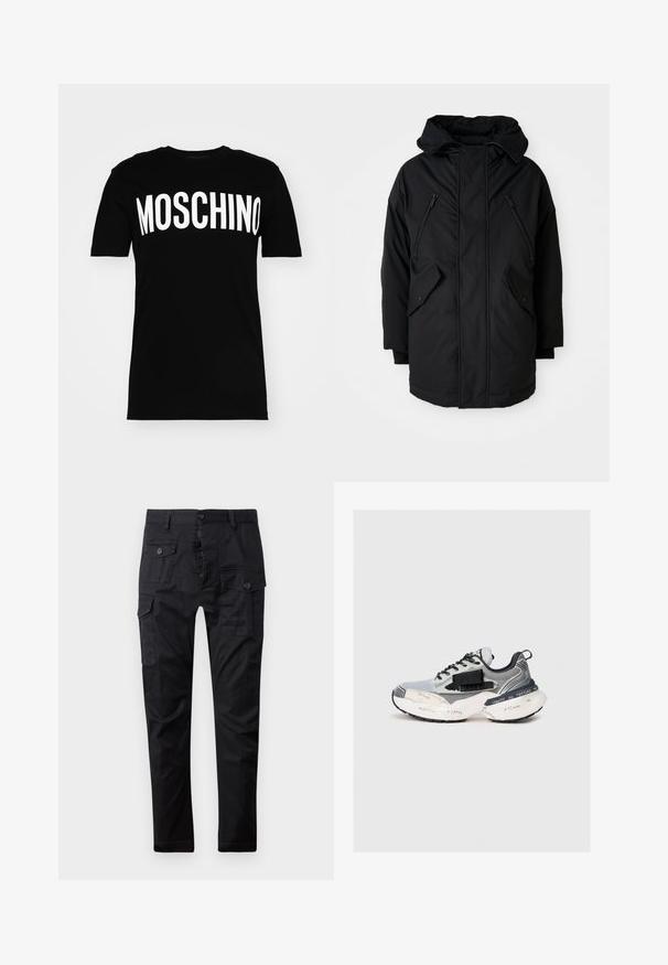 Parka noire avec capuche, équipée de deux poches poitrine zippées, de deux poches latérales à rabat et d'une coupe décontractée. Tissu doux au toucher lisse.; T-shirt en coton noir à manches courtes, avec un grand logo blanc "MOSCHINO" sur la poitrine en lettres capitales et audacieuses.; Pantalons cargo noirs en tissu résistant, avec plusieurs poches, une fermeture à bouton et un design à jambes droites. Texture lisse et finition mate.; Baskets grises et blanches avec des accents noirs, en tissu en maille, texte imprimé sur la semelle et le côté, et lacets à motif noir et blanc sur fond uni.