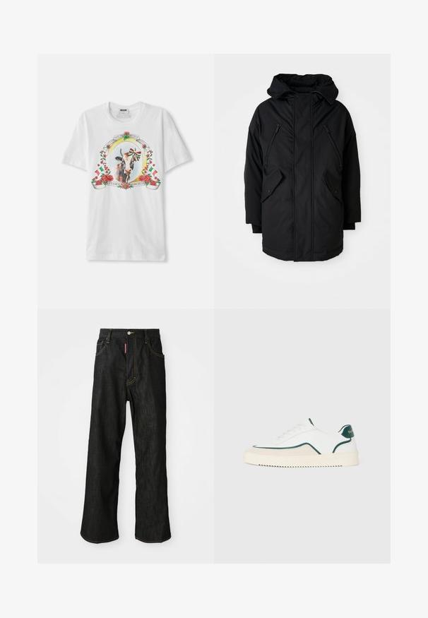 Parka neagră cu glugă, având două buzunare frontale cu fermoar, două buzunare laterale cu clapetă și o croială lejeră. Material moale cu o textură fină.; Cămașă albă din bumbac cu un grafic central al unei vaci înconjurată de trandafiri și steaguri italiene, completată cu text decorativ dispus într-un aranjament circular.; Jeans negri cu croi drept, cusături galbene, design cu cinci buzunare, închidere cu buton și un mic etichetă roșie pe buzunarul din dreapta față.; Sneaker alb cu vârf jos, cu detalii verzi, detalii din suede bej și o talpă de culoare crem cu bază striată.