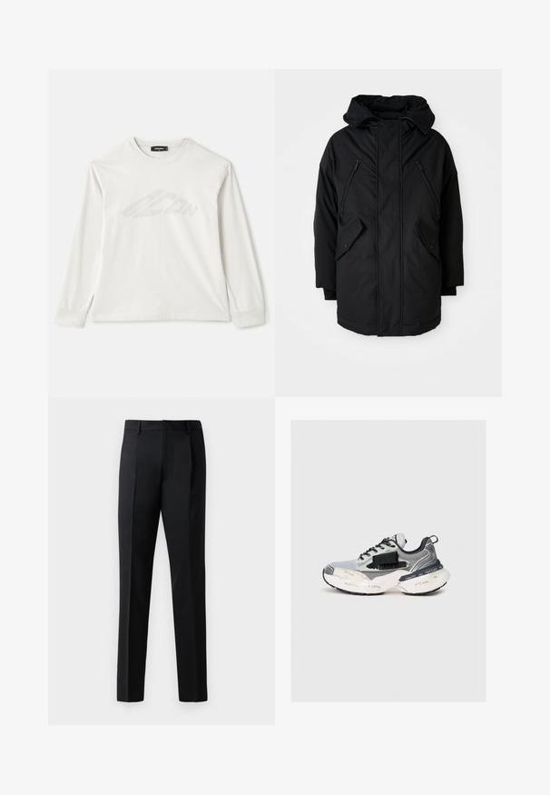 Juodas parkas su kapišonu, turintis dvi užtrauktukais uždaromas krūtines kišenes, dvi kišenes su apykakle ir laisvą siluetą. Minkšta medžiaga su glotnia tekstūra.; Šviesiai pilkas ilgomis rankovėmis marškinėliai pagaminti iš medvilnės, su apvaliu iškirpimu, šoniniais įpjovimais ir blyškiai atspausdintu logotipu priekyje.; Juoda formalus kelnės, pagamintos iš lygaus audinio, su tiesiomis kojomis, priekinėmis raukšlėmis ir standartine liemene be papuošimų.; Pilki ir balti sportbačiai su juodais akcentais, tinklinės medžiagos, spausdinta tekstu ant pado ir šono, bei juodai baltomis raštuotomis raišteliais ant vientisos fono.