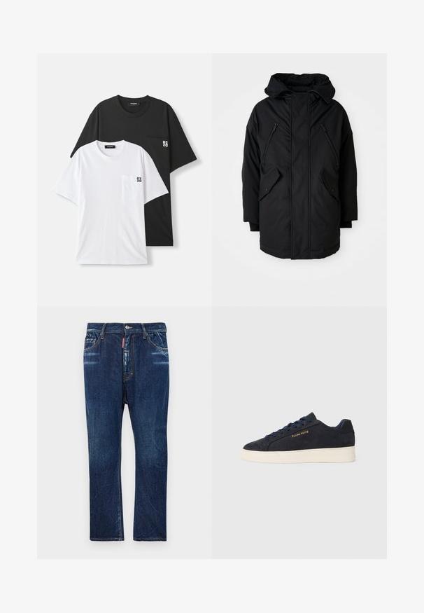 Crna parkica s kapuljačom, s dva zip zatvarača na prsima, dva bočna džepa s preklopom i opuštenim krojem. Mekana tkanina s glatkom teksturom.; Dva majice prikazane: jedna crna i jedna bijela, obje s kratkim rukavima i malim džepom na prsima. Logotipi su prikazani na džepu.; Tamno plave traperice s ravnim nogavicama, s laganim izbljeđivanjem, žutim šavovima, prednjim džepovima i kopčanjem na dugme.; Navy plave sačmene niske tenisice s bijelim potplatom, mornarskim vezicama i "Filling Pieces" logotipom u zlatnoj boji sa strane.