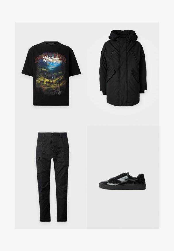 Melnā parka ar kapuci, kas aprīkota ar divām rāvējslēdzēju krūšu kabatām, divām atloka sānu kabatām un brīvu piegriezumu. Mīksts audums ar gludu tekstūru.; Melns īsām piedurknēm T-krekls ar krāsainu ainavas grafiku, kurā attēloti staltbrieži, kalni un vārdi "DSQUARED2 Heritage" treknrakstā.; Melnas kravas bikses, izgatavotas no izturīga auduma, ar daudzām kabatām, pogu jostu un taisnu kāju dizainu. Gluda tekstūra un matēta apdare.; Melna patentā āda sneakers ar noapaļotu purngala dizainu, ar saistēm, teksturētu gumijas zoli un gludu apdari.