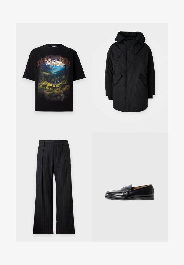 Parka negra con capucha, que cuenta con dos bolsillos en el pecho con cremalleras, dos bolsillos laterales con solapa y un corte relajado. Tejido suave con una textura lisa.; Camiseta negra de manga corta con un gráfico de paisaje colorido que incluye ciervos, montañas y las palabras "DSQUARED2 Heritage" en letras llamativas.; Pantalones de rayas verticales negros con un diseño de pierna ancha, que presentan plisados frontales y una textura suave. Sin bolsillos visibles ni detalles metálicos.; Mocasines de cuero en negro con un acabado liso, puntera redondeada, costuras decorativas y un pequeño acento metálico en la parte frontal.