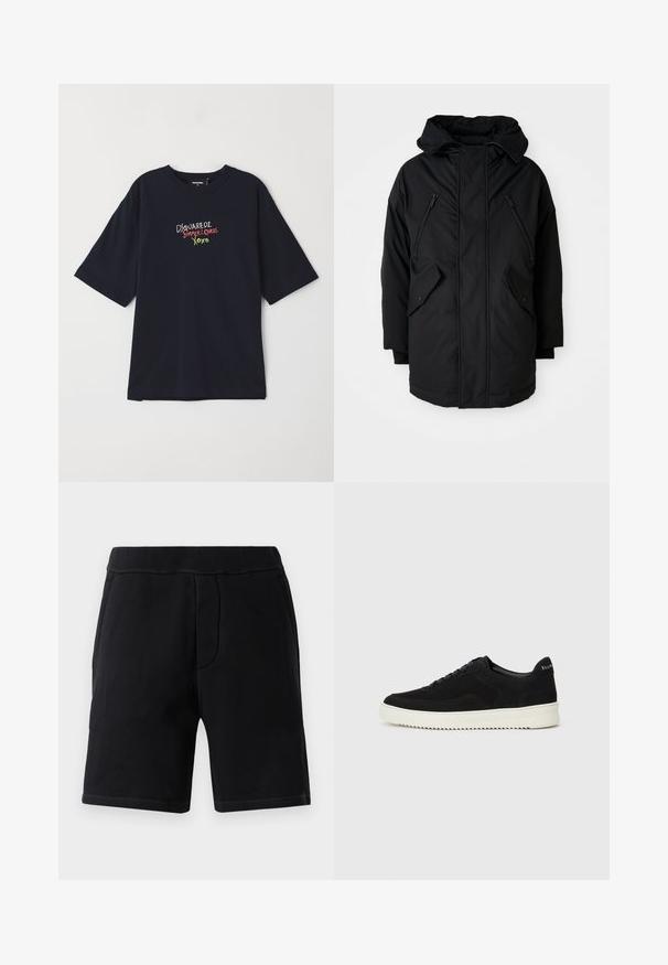 Parka neagră cu glugă, având două buzunare frontale cu fermoar, două buzunare laterale cu clapetă și o croială lejeră. Material moale cu o textură fină.; Tricou din bumbac bleu marin cu mâneci scurte. Prezintă un text brodat colorat: "DSQUARED2 SUMMER LOVERS XOXO" în roșu, verde și alb.; Șorturi atletice negre dintr-un material moale; au un elastic în talie, două buzunare laterale și o cusătură contrastantă.; Adidași negri din suede cu design cu șireturi și talpă din cauciuc alb contrastant. Prezintă panouri laterale texturate și branding subtil pe toc.