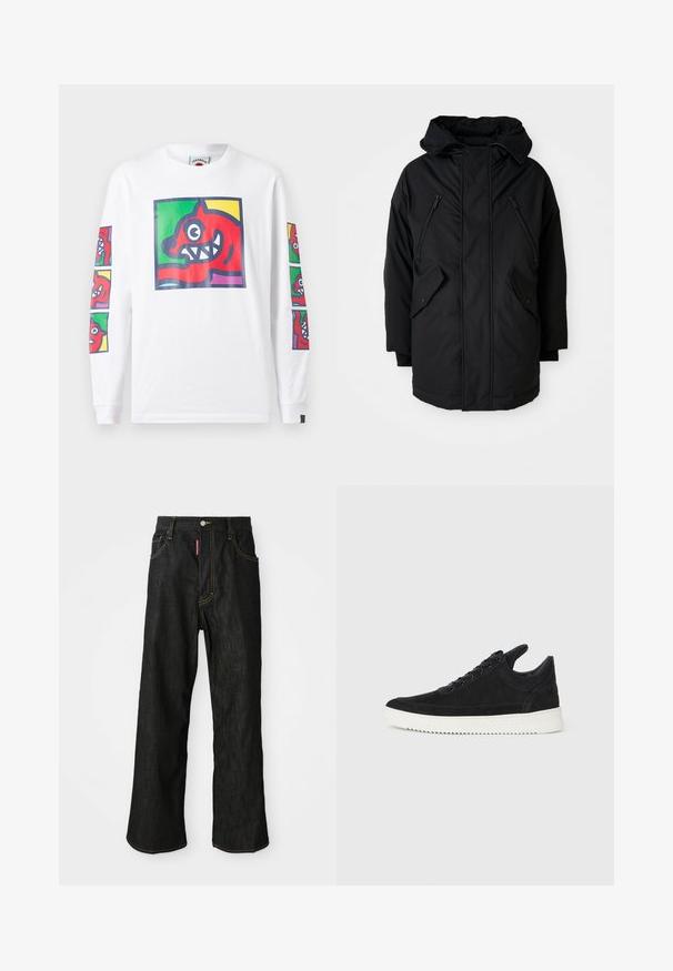 Sort parka med hætte, der har to lynlåslommer på brystet, to klaplommer på siderne og en afslappet pasform. Blødt stof med en glat tekstur.; Langærmet hvid T-shirt med farverige grafiske tryk af en rød skabning med skarpe tænder foran og på ærmerne, lavet af bomuld.; Sorte lige jeans med gul syning, fem lommer, knaplukning og et lille rødt mærke på den front højre lomme.; Sort ruskinds sneaker med en hvid gummisål, der har tonalt syet detalje og snørredesign. Glat tekstur med en moderne, strømlinet form.