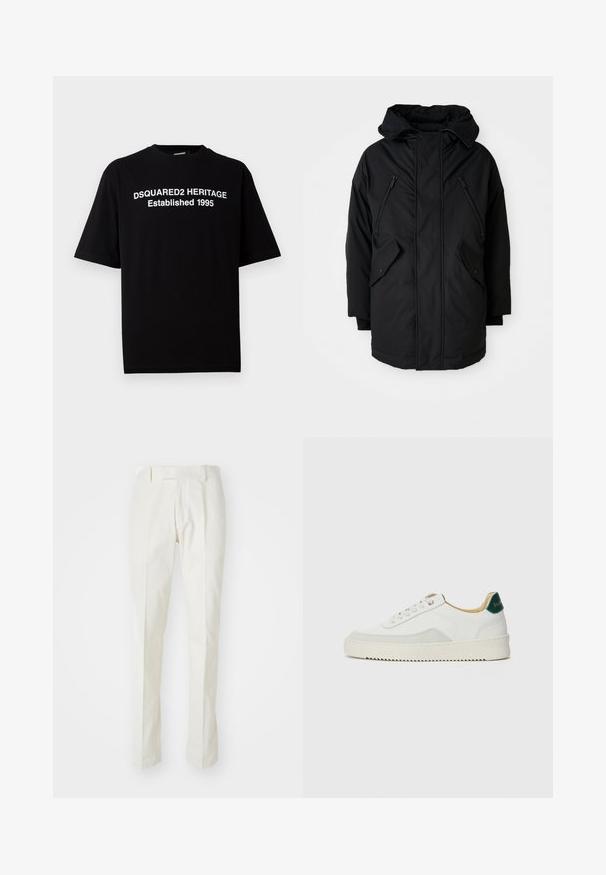 Svart parkas med huva, som har två fickor med dragkedja på bröstet, två sidofickor med lock och en avslappnad passform. Mjukt tyg med en smidig textur.; Svart kortärmad t-shirt i bomull med rund hals, prydd med vit text: "DSQUARED2 HERITAGE Etablerad 1995" på framsidan.; Vita byxor i bomull, med rak passform, slät front och utan synliga mönster eller beslag. Slät yta.; Vit sneaker med mockadetaljer, rund tå, platta snören och en krämfärgad gummisula. Har grön branding på hälen.