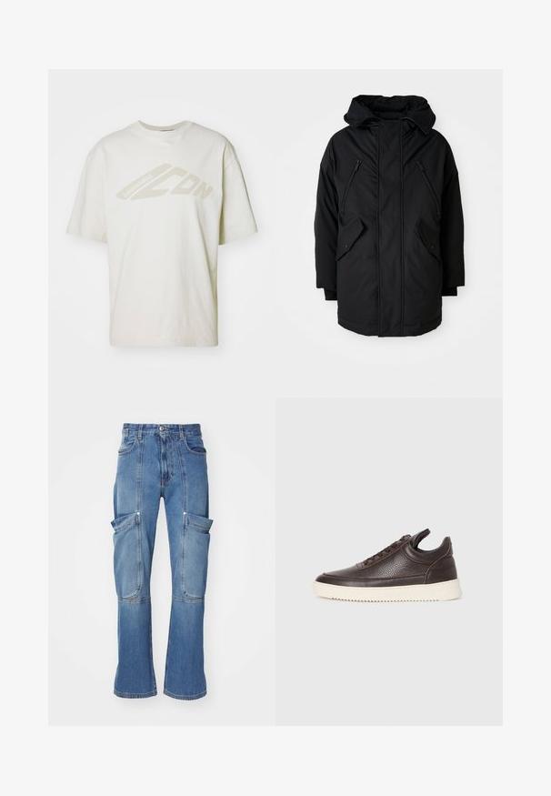 Black parka with a hood, featuring two zippered chest pockets, two flap side pockets, and a relaxed fit. Soft fabric with a smooth texture.; DSQUARED2 ICON LOOSE FIT TEE - Print T-shirt - offwhite; Denim cargo pants in light blue with a high waist, multiple side pockets, and flared legs, featuring contrasting stitching and a zip closure.; Dark brown textured leather sneaker with lace-up front and white ridged rubber sole on a plain light background.