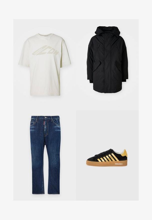 Black parka with a hood, featuring two zippered chest pockets, two flap side pockets, and a relaxed fit. Soft fabric with a smooth texture.; DSQUARED2 ICON LOOSE FIT TEE - Print T-shirt - offwhite; Dark blue denim jeans with a straight-leg fit, featuring light fading, yellow stitching, front pockets, and a button closure.; Black suede sneaker with gold metallic stripes, textured rubber sole, and black laces. Features a logo on the heel and a smooth tongue.