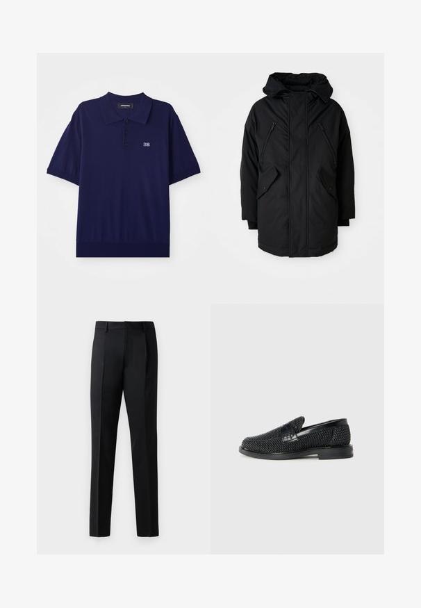 Schwarze Parka mit Kapuze, ausgestattet mit zwei Reißverschlusstaschen an der Brust, zwei Klapptaschen an den Seiten und einer lockeren Passform. Weicher Stoff mit glatter Textur.; Dunkelblaues Kurzarm-Polohemd aus weichem Material, mit einem Kragen, drei Knöpfen und einem kleinen gestickten "D2"-Logo auf der Brust.; Schwarze formelle Hosen aus einem glatten Stoff, mit geradem Bein, vorderen Falten und einem klassischen Bund ohne Verzierungen.; Schwarzer geflochtener Slipper mit einem glatten Lederakzent im Obermaterial, einem runden Zehendesign und einer flachen Gummisohle.