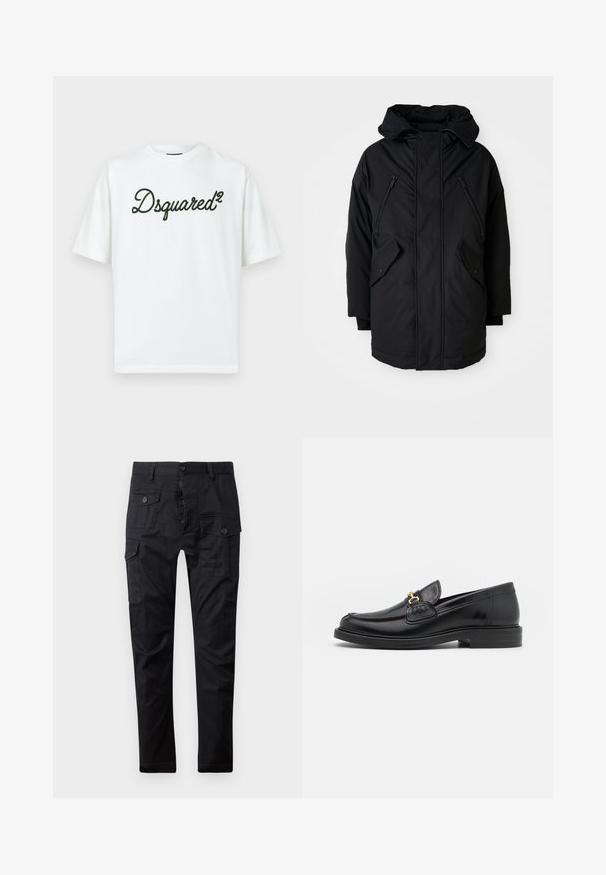 Schwarze Parka mit Kapuze, ausgestattet mit zwei Reißverschlusstaschen an der Brust, zwei Klapptaschen an den Seiten und einer lockeren Passform. Weicher Stoff mit glatter Textur.; Weißes Baumwoll-T-Shirt mit kurzen Ärmeln, das vorne ein schwarzes, in Schreibschrift gesticktes Logo „Dsquared²" zeigt.; Schwarze Cargohosen aus strapazierfähigem Stoff, ausgestattet mit mehreren Taschen, einem Knopfverschluss und einem geraden Bein-Design. Glatte Textur und matte Oberfläche.; Schwarze Lederleter mit einer abgerundeten Zehenpartie, ausgestattet mit goldenen Hardwareakzenten und Stichdetails, auf einer niedrigen, strukturierten Gummisohle.