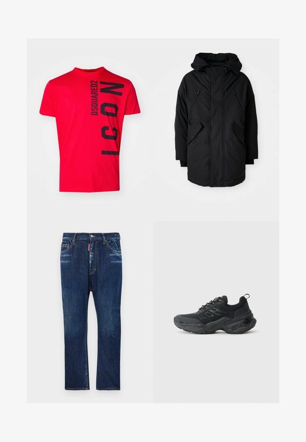 Zwarte parka met een capuchon, voorzien van twee ritsborstzakken, twee flap-zijzakken en een ontspannen pasvorm. Zacht materiaal met een gladde textuur.; Rode katoenen t-shirt met zwart verticale tekst "DSQUARED2 ICON". Korte mouwen en een ronde hals met een soepele textuur.; Donkerblauwe denim jeans met een rechte pasvorm, voorzien van lichte vervaging, gele stiksels, voorzakken en een knoopsluiting.; Zwarte sportieve schoenen met een textuur van gaas aan de bovenkant, een robuuste rubberen zool en reflecterende accenten. Voorzien van dikke veters en een trekband aan de achterkant.