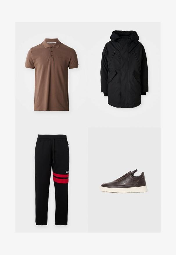 Melnā parka ar kapuci, kas aprīkota ar divām rāvējslēdzēju krūšu kabatām, divām atloka sānu kabatām un brīvu piegriezumu. Mīksts audums ar gludu tekstūru.; Brūna polo krekls, kas izgatavots no kokvilnas, ar klasisku apkakli, trim pogām un īsām piedurknēm; uz krūts ir izšūts logo.; Melni treniņbikses ar kontrastējošām sarkanām svītrām un logotipu sānos. Iekļauj elastīgu jostasvietu ar auklu un sašaurinātas potītes.; Tumši brūnas tekstūrētas ādas sporta kurpes ar saistēm priekšā un baltu rievotu gumijas zoli uz vienkārša gaiša fona.