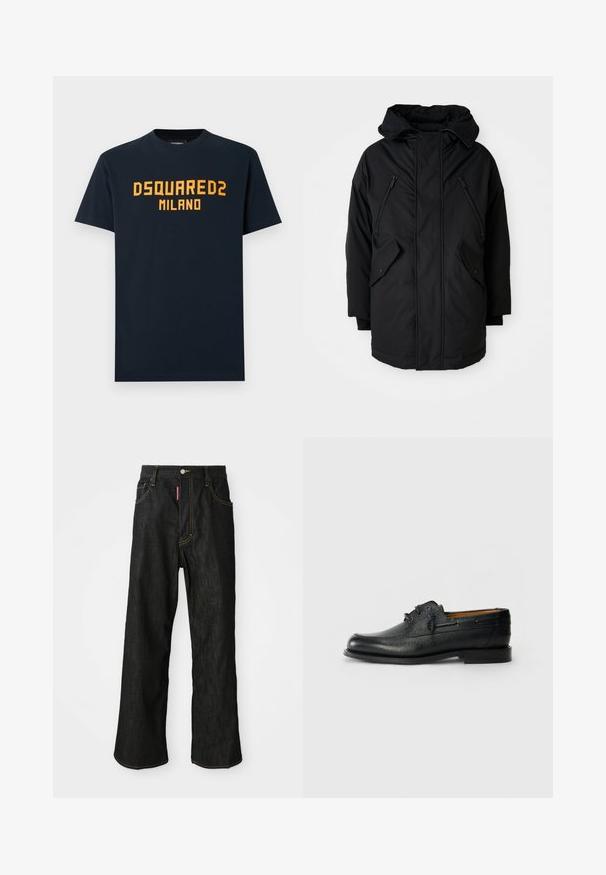 Crna parkica s kapuljačom, s dva zip zatvarača na prsima, dva bočna džepa s preklopom i opuštenim krojem. Mekana tkanina s glatkom teksturom.; Majica tamnoplave boje od pamuka s upečatljivim narančastim natpisom "DSQUARED2 MILANO" preko prsa. Klasični okrugli izrez i kratki rukavi.; Crne traperice ravnog kroja s žutim šavovima, dizajn s pet džepova, zatvaranje na gumb te mala crvena oznaka na prednjem desnom džepu.; Crna kožna cipela s teksturiranom površinom, okruglim vrhom i dizajnom vezanja sa dva rupičasta oka. Ima ravni potplat i minimalistički brend na strani.