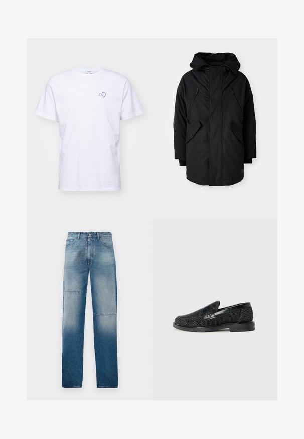 Černá parka s kapucí, která má dvě zipové kapsy na hrudi, dvě klopy na bočních kapsách a uvolněný střih. Měkká tkanina s hladkým povrchem.; Bílý bavlněný tričko s modrou vyšívanou grafikou na levém prsu. Krátké rukávy a kulatý výstřih s klasickým střihem.; Světle modré džíny z denimu se střihem rovné nohy, vybledlým washem a dvěma vodorovnými švy. Obsahují pět kapes a zapínání na knoflík.; Černé pletené nazouvací boty s hladkým koženým akcentem na svršku, kulatou špičkou a nízkoprofilovou gumovou podrážkou.