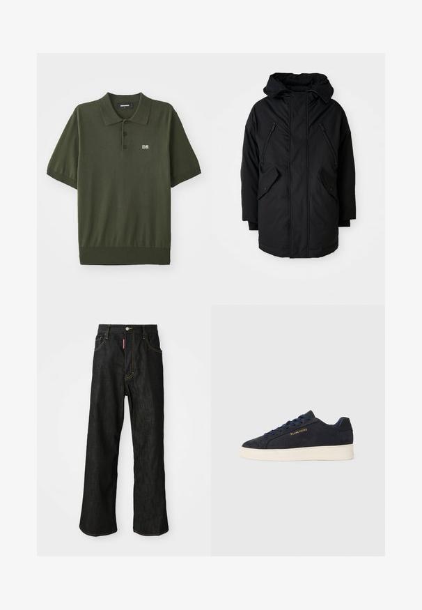 Črna parka s kapuco, ki ima dve žepni zadrži na prsih, dva stranska žepa z poklopcem in sproščen kroj. Mehka tkanina z gladko teksturo.; Temna zelena polo majica iz pletenine. Ima klasičen ovratnik, tri gumbe, kratke rokave in majhen logotip "D2" na prsih.; Črne ravne hlače z rumenim šivom, pet žepov, gumbno zapiranje in majhna rdeča oznaka na sprednjem desnem žepu.; Mornarsko modre semiš nizke superge z belim podplatom, mornarskimi vezalkami in z zlatim logotipom "Filling Pieces" na strani.