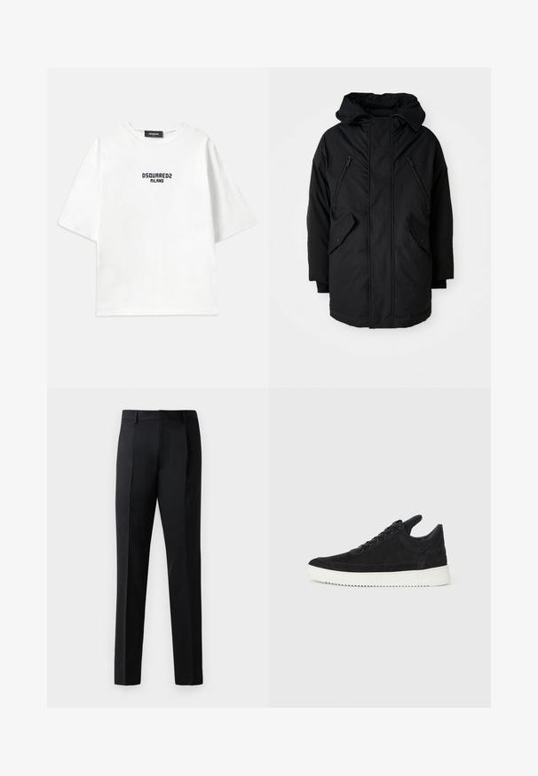 Parka neagră cu glugă, având două buzunare frontale cu fermoar, două buzunare laterale cu clapetă și o croială lejeră. Material moale cu o textură fină.; Dsquared2 LOOSE FIT TEE - Tricou cu imprimeu - white/dark navy; Pantaloni formali negri, confecționați dintr-un material neted, cu un design cu picior drept, pliuri frontale și talie standard fără aplicații.; Sneakers negre din suede cu o talpă din cauciuc albă, prezentând cusături tonale și un design cu șireturi. Textură netedă cu o formă modernă și aerodinamică.