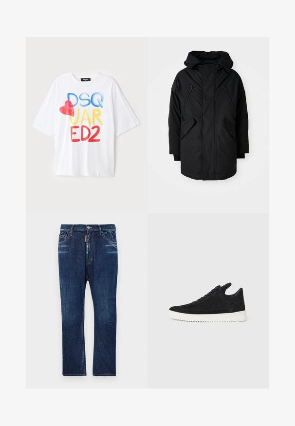 Melnā parka ar kapuci, kas aprīkota ar divām rāvējslēdzēju krūšu kabatām, divām atloka sānu kabatām un brīvu piegriezumu. Mīksts audums ar gludu tekstūru.; Balts īsām piedurknēm T-krekls ar krāsainu tekstu: "DSQ JAR ED2" zili, dzeltenā un sarkanā krāsā, ar sarkanu sirds akcentu. Kokvilnas audums.; Tumši zili džinsi ar taisnu kāju piegriezumu, kuriem ir viegls izblukums, dzeltena šuvumu apdare, priekšējās kabatas un pogu aizdare.; Melna zamša apavi ar baltu gumijas zoli, ar tonālu izšuvumu un auklu dizainu. Gluda tekstūra ar mūsdienīgu, plūstošu formu.