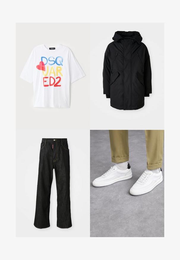 Černá parka s kapucí, která má dvě zipové kapsy na hrudi, dvě klopy na bočních kapsách a uvolněný střih. Měkká tkanina s hladkým povrchem.; Bílý krátký rukáv tričko s barevným textem: "DSQ JAR ED2" v modré, žluté a červené barvě, se červeným srdíčkovým akcentem. Bavlněná tkanina.; Černé džíny rovného střihu se žlutým prošíváním, design se pěti kapsami, zapínání na knoflík a malá červená cedulka na přední pravé kapse.; Bílé tenisky s texturovaným koženým povrchem, zaoblenou špičkou a černým akcentem na patě. Gumová podrážka s malým vzorem a šitými detaily.