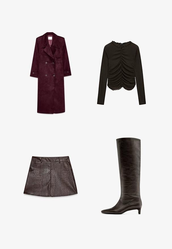 Burgundy ruskind trenchcoat, dobbeltradet design, store kraver, sidelommer, justerbare manchetter, uforet inderside.; Sort langærmet top med rynkede detaljer foran og bølget halsudskæring. Fremstillet af et blødt, strækbart stof.; Brun læder mini nederdel med et struktureret krokodillemønster, lige kant og forreste syninger for et skræddersyet udseende.; Sorte læder knæ-høje støvler med spidse tæer og en lav, afsmalnende hæl. Glat tekstur med en subtil rynkeeffekt.