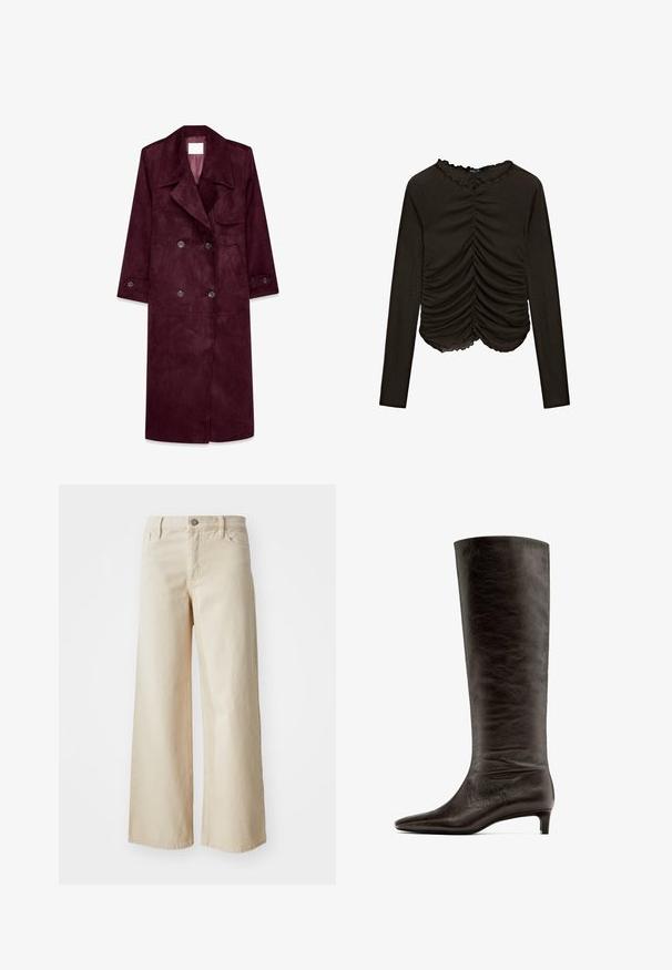 Burgundowa zamszowa płaszcz trench, podwójnie zapięty design, duży kołnierz, boczne kieszenie, regulowane mankiety, niepodszewkowane wnętrze.; Czarny top z długim rękawem z marszczeniem z przodu i karbowanym dekoltem. Wykonany z miękkiej, elastycznej tkaniny.; Beżowe spodnie dżinsowe o szerokich nogawkach, wykonane z denimu, z wysokim stanem, zapięciem na guzik, paskami i kieszeniami po bokach. Gładka tekstura i luźny krój.; Czarne skórzane kozaki do kolan z ostrym noskiem i niskim, zwężanym obcasem. Gładka faktura z delikatnym efektem marszczenia.