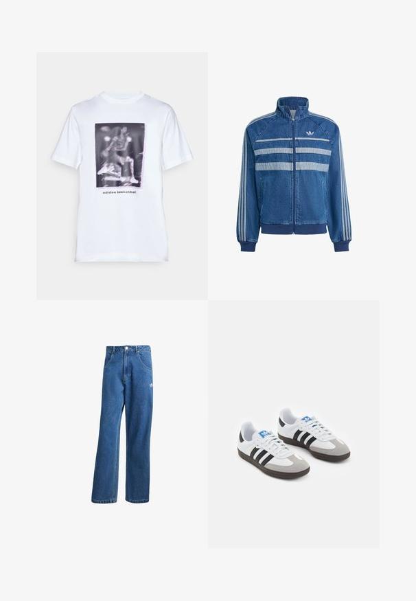 Jeansjacke in Dunkelblau mit hellblauen horizontalen Streifen und drei weißen vertikalen Streifen an den Ärmeln. Mit Reißverschluss vorne und hohem Kragen.; Weißes Baumwoll-T-Shirt mit einem Grafikdruck eines Basketballspielers und dem Text "adidas basketball" unter dem Bild. Kurze Ärmel und runder Halsausschnitt.; Blaue hohe, weite Jeans mit Fronttaschen, Gürtelschlaufen, Knopfverschluss und kleinem Adidas-Logo am rechten Oberschenkel.; Sportschuhe mit einem Obermaterial aus weißem Leder, grauer Wildleder-Zehenkappe und drei schwarzen Streifen. Sie verfügen über ein blaues Logo auf der Zunge und eine strukturierte Gummisohle.