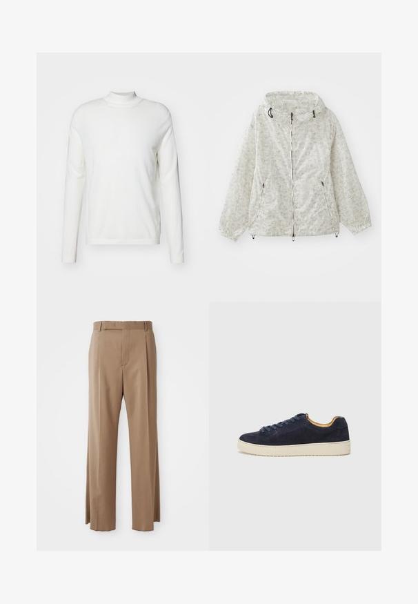 Lagana jakna boje kreme sa patentnim zatvaračem i kapuljačom, elastičnim manžetama i ponavljajućim geometrijskim uzorkom. Uključena su dva prednja džepa.; Bijela dugoresna turtleneck pletiva izrađena od mekog materijala. Ima tijesan kroj i minimalne detalje, s jednostavnim ravnim rubom.; Svijetlosmeđi krojeni hlače ravnih nogavica, s petljama za remen, prednjim šavom i skrivenim kopčanjem, prikazane ravno na bijeloj pozadini.; Mornarsko plava nubuk niska tenisica s okruglim prstom, off-white gumeni đon i usklađene vezice; ima kontrastnu smeđu unutrašnju oblogu.