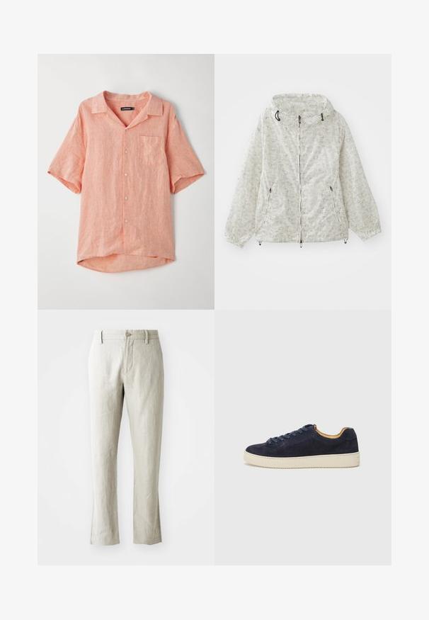 Casaco leve em cor creme, com fecho éclair e capuz, apresentando punhos elásticos e um padrão geométrico repetido. Inclui dois bolsos frontais.; Camisa de manga curta, com botões, em tom de coral claro, feita de tecido de linho texturizado. Apresenta um único bolso no peito e um design de colarinho estilo camp.; Calças de linho beije claro com corte reto, textura subtil, fecho frontal com botão e dois bolsos laterais. Concebidas para uma silhueta limpa.; Sapatilha de camurça azul-marinho de cano baixo com biqueira arredondada, sola de borracha off-white e atacadores a condizer; apresenta um forro interior contrastante em tom de tan.