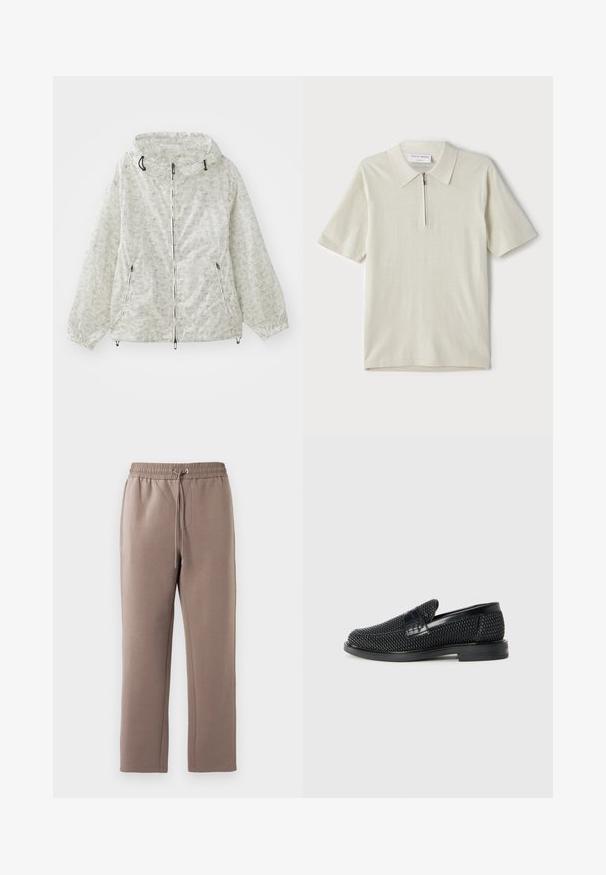 Lichte, crèmekleurige ritsjack met een capuchon, elastische manchetten en een herhalend geometrisch patroon. Inclusief twee voorzakken.; Korte mouwen polo in lichtbeige met een ritskraag. Gemaakt van gladde stof, voorzien van een eenvoudig, modern ontwerp zonder patronen.; Bruine, middelhoge sweatpants gemaakt van zachte stof, met een elastische tailleband met een trekkoord, zijzakken en rechte pijpen.; Zwartegeweven instap schoenen met een glad leren accent aan de bovenkant, een ronde neusontwerp en een laag profiel rubberen zool.