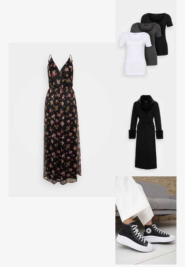 Roupa preta com um colarinho e punhos em pelagem sintética, cintura cingida, mangas longas e barra reta. Textura suave, design elegante.; Vestido maxi preto com estampa floral e alças finas, apresentando um decote em V, cintura ajustada e uma sobreposição transparente. Padrão floral em tons de rosa e dourado.; Três t-shirts ajustadas em branco, cinza e preto. Cada uma possui um decote amplo e mangas curtas. Feitas de um tecido liso e elástico.; Ténis pretos de cano alto com solas e atacadores em borracha branca. Apresentam um emblema redondo e costuras contrastantes em branco. Material em lona.