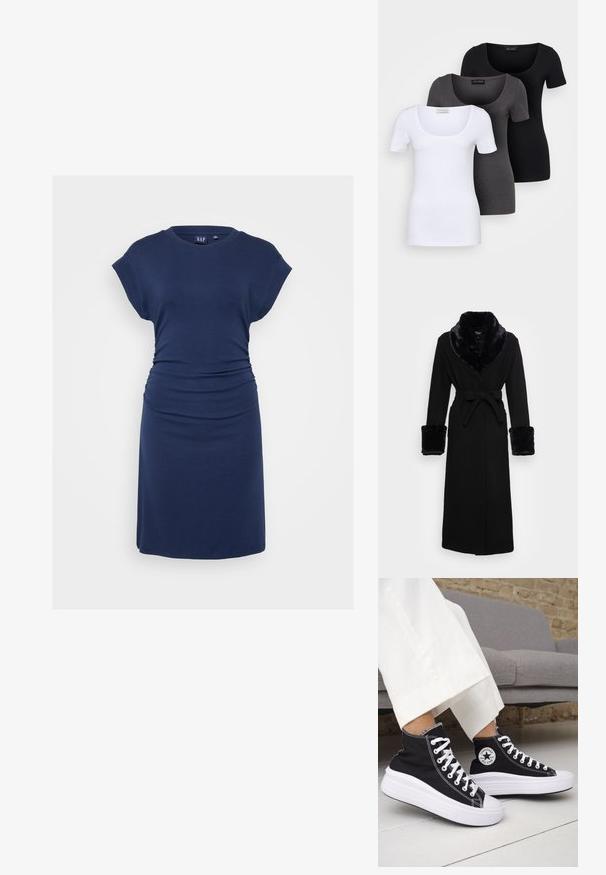 Črna roba z ovratnikom in manšeti iz umetnega krzna, z pasom, dolgimi rokavi in ravnim robom. Gladka tekstura, eleganten dizajn.; Temno modra obleka iz mehke tkanine, ima kratke rokave, okroglo vratno izrez, nabran stranski detajl in prilagojen silhuet.; Tri prilegla majica v beli, sivi in črni barvi. Vsaka ima širok izrez na vratu in kratke rokave. Narejene so iz gladkega, raztegljivega materiala.; Črni visoki supergi z belimi gumijastimi podplati in vezalkami. Na njih je okrogel logotip in kontrastno belo šivanje. Iz blaga platna.