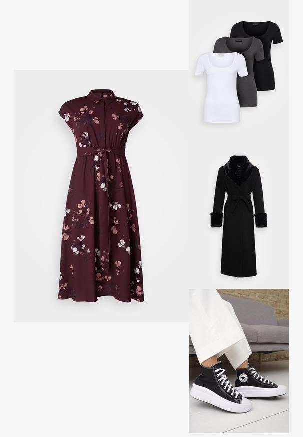 Robe nera con collo e polsini in pelliccia sintetica, vita cintata, maniche lunghe e orlo dritto. Tessuto morbido, design elegante.; Vero Moda Curve VMNEWHALLIE LONG DRESS - Vestito lungo - winetasting; Tre T-shirt aderenti in bianco, grigio e nero. Ognuna presenta un ampio scollo a barca e maniche corte. Realizzate in un tessuto morbido e elastico.; Sneakers nere alte con suole e lacci in gomma bianca. Presentano una toppa con logo rotondo e cuciture a contrasto bianche. Materiale in tela.