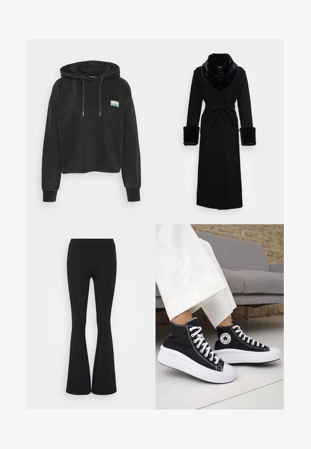 Roupa preta com um colarinho e punhos em pelagem sintética, cintura cingida, mangas longas e barra reta. Textura suave, design elegante.; Hoodie cropped preto feito de um tecido suave, apresentando um bolso canguru, capuz com cordão e um pequeno patch colorido na frente.; Calças pretas de corte alargado feitas de tecido elástico, com uma cintura alta e uma textura suave. As calças alargam-se a partir do joelho.; Ténis pretos de cano alto com solas e atacadores em borracha branca. Apresentam um emblema redondo e costuras contrastantes em branco. Material em lona.