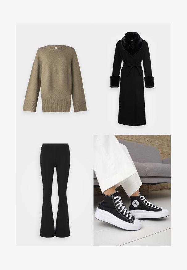 Robe noire avec un col châle en fausse fourrure et des poignets, taille ceinturée, manches longues et ourlet droit. Texture lisse, design élégant.; Pull en maille vert olive avec un col rond, des épaules tombantes et des poignets côtelés. Le tissu semble doux avec un léger détail texturé.; Pantalon évasé noir en tissu extensible, présentant une taille haute et une texture lisse. Le pantalon s'élargit à partir du genou.; Baskets montantes noires avec semelles et lacets en caoutchouc blanc. Dotées d'un patch logo rond et de surpiqûres blanches contrastantes. Matière en toile.