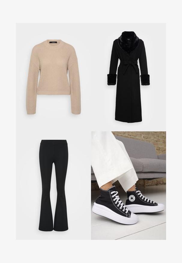 Robe nera con collo e polsini in pelliccia sintetica, vita cintata, maniche lunghe e orlo dritto. Tessuto morbido, design elegante.; Maglione lavorato a maglia beige con scollatura rotonda, maniche lunghe e vestibilità cropped. Il tessuto testurizzato presenta una sottile fantasia a coste.; Pantaloni neri a zampa d'elefante realizzati in tessuto elasticizzato, con una vita alta e una superficie liscia. I pantaloni si allargano a partire dal ginocchio.; Sneakers nere alte con suole e lacci in gomma bianca. Presentano una toppa con logo rotondo e cuciture a contrasto bianche. Materiale in tela.