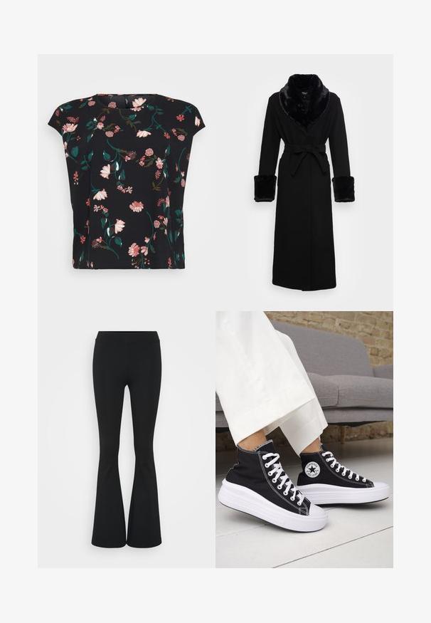 Black robe with a faux fur shawl collar and cuffs, belted waist, long sleeves, and a straight hem. Smooth texture, elegant design.; Black floral blouse with short sleeves, featuring pink and green flower patterns. Smooth fabric with a relaxed fit and rounded neckline.; Black flared pants made of stretchy fabric, featuring a high waistband and a smooth texture. The pants flare out from the knee.; Black high-top sneakers with white rubber soles and laces. Features a round logo patch and contrasting white stitching. Canvas material.