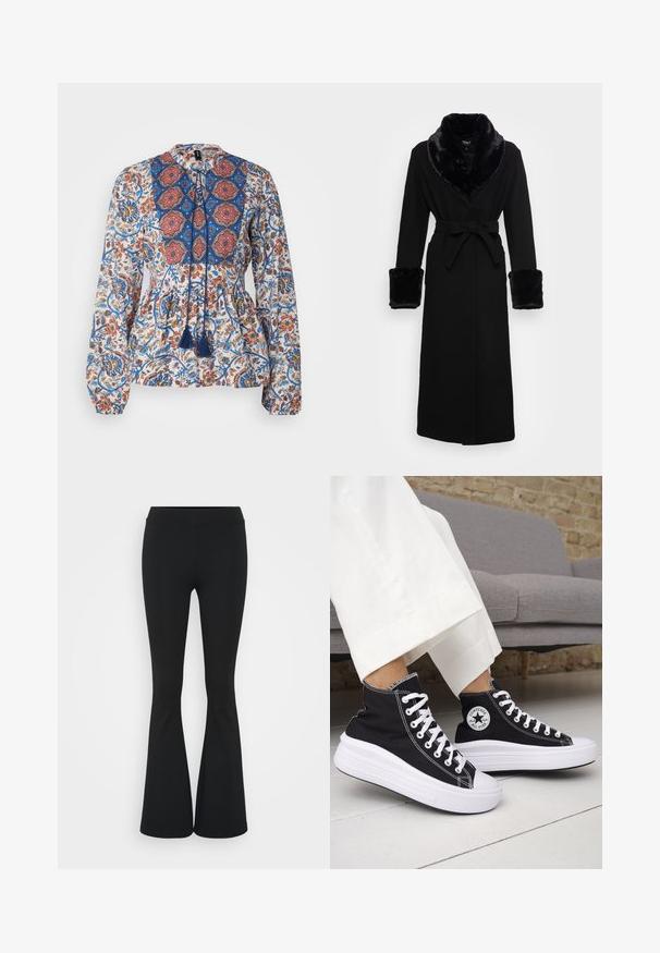 Roupa preta com um colarinho e punhos em pelagem sintética, cintura cingida, mangas longas e barra reta. Textura suave, design elegante.; Blusa de manga longa em tecido leve, com um padrão floral em azul, vermelho e laranja. Inclui uma asna estampada e franjas.; Calças pretas de corte alargado feitas de tecido elástico, com uma cintura alta e uma textura suave. As calças alargam-se a partir do joelho.; Ténis pretos de cano alto com solas e atacadores em borracha branca. Apresentam um emblema redondo e costuras contrastantes em branco. Material em lona.