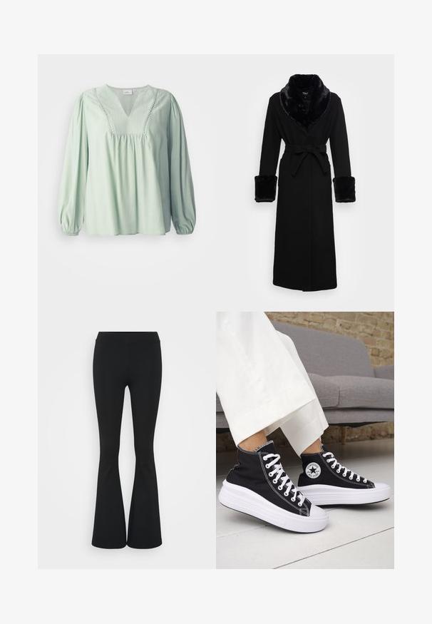 Svart kappe med krage og mansjetter i kunstpels, belte i midjen, lange ermer og rett kant. Glatt tekstur, elegant design.; Lysegrønn, langermet bluse med v-hals, samlet liv og dekorativ søm langs halslinningen. Myk tekstur, avslappet passform.; Svarte flared bukser laget av elastisk stoff, med høy midje og en glatt tekstur. Buksene vidder ut fra kneet.; Svarte høye sneakers med hvite gummisåler og lisser. Har et rundt logo-merke og kontrasterende hvite sømmer. Laget av lerret.