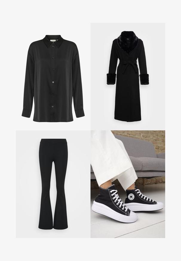 Black robe with a faux fur shawl collar and cuffs, belted waist, long sleeves, and a straight hem. Smooth texture, elegant design.; Black long-sleeve shirt made of smooth fabric, featuring a button-down front, classic collar, and single-button cuffs.; Black flared pants made of stretchy fabric, featuring a high waistband and a smooth texture. The pants flare out from the knee.; Black high-top sneakers with white rubber soles and laces. Features a round logo patch and contrasting white stitching. Canvas material.