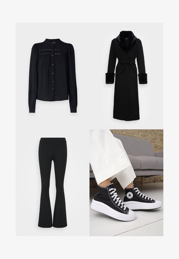 Melnā drēbe ar mākslīgā kažokāda apkakli un aprocēm, ar jostu viduklī, garām piedurknēm un taisnu apakšu. Gluda tekstūra, elegants dizains.; Melnā garo piedurkņu blūze ar apkakli, pogu priekšpusi, plīsumiem zem jūga un savelktām piedurknēm. Mīksta, teksturēta auduma.; Melnas izplešanās bikses, izgatavotas no elastīga auduma, ar augstu vidukli un gludu tekstūru. Bikses izvēršas no ceļa.; Melnas augstās topa kedas ar baltām gumijas zolēm un auklām. Tās ir ar apaļu logotipa uzšuvumu un kontrastējošām baltām šuvēm. Materiāls no kanvas.