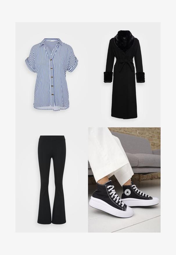 Svart kappa med en fuskpälskrage och manschetter, bälte i midjan, långa ärmar och rak fåll. Slät textur, elegant design.; Kortärmad skjorta med knappar, prydd med blå och vita vertikala ränder, en krage och stora bruna knappar fram. Rundad nederkant.; Svarta utsvängda byxor i elastiskt tyg med hög midja och en mjuk textur. Byxorna vidgar sig från knäet.; Svarta höga sneakers med vita gummisulor och snören. Har en rund logotypmärke och kontrasterande vita sömmar. Tillverkade av canvasmaterial.