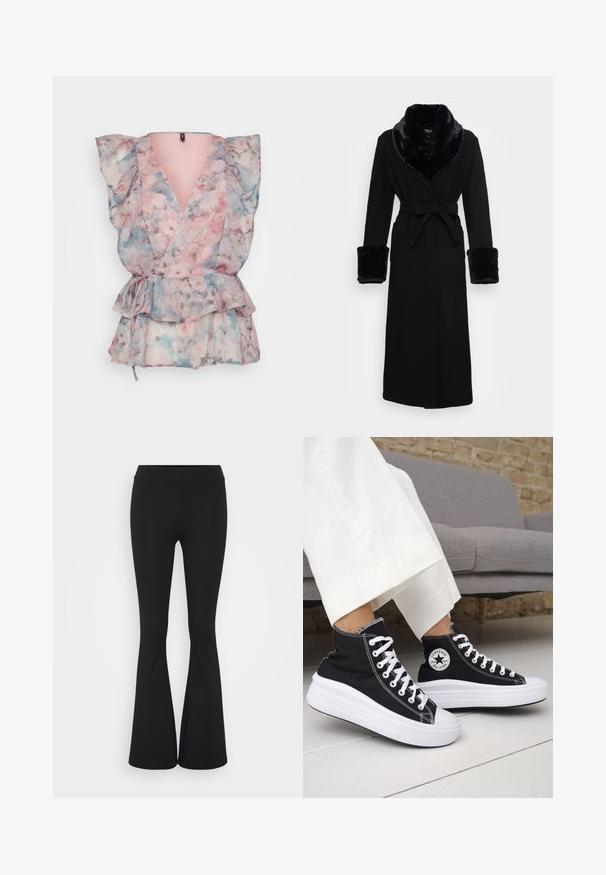 Svart kappe med krage og mansjetter i kunstpels, belte i midjen, lange ermer og rett kant. Glatt tekstur, elegant design.; Blomstrende omslagstopp i transparent stoff med rosa, blå og grå nyanser, pufferm, dyp V-hals, og en knytning i midjen med volangkant.; Svarte flared bukser laget av elastisk stoff, med høy midje og en glatt tekstur. Buksene vidder ut fra kneet.; Svarte høye sneakers med hvite gummisåler og lisser. Har et rundt logo-merke og kontrasterende hvite sømmer. Laget av lerret.