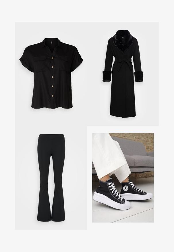 Black robe with a faux fur shawl collar and cuffs, belted waist, long sleeves, and a straight hem. Smooth texture, elegant design.; Black short-sleeve button-up shirt with two chest pockets, soft fabric, rounded hem, and gold-tone buttons. Classic loose-fit design.; Black flared pants made of stretchy fabric, featuring a high waistband and a smooth texture. The pants flare out from the knee.; Black canvas high-top sneakers with white rubber soles and laces. Features a circular logo on the side and contrasting white stitching.